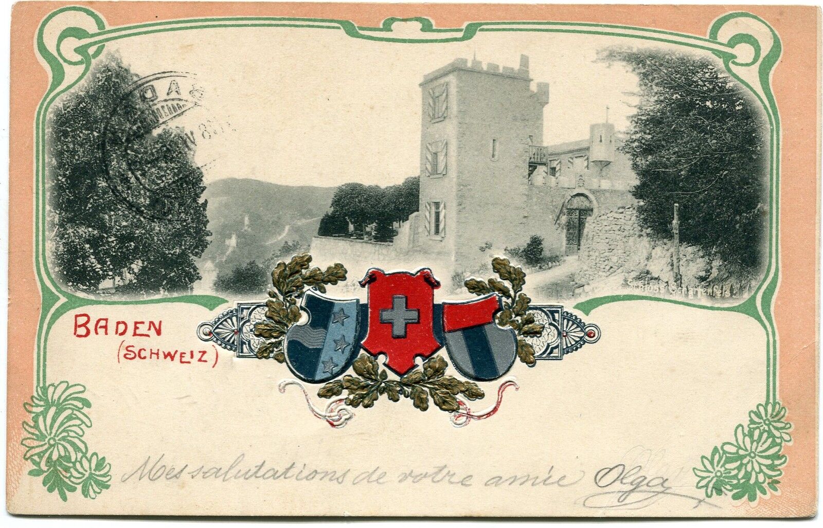 CARTE POSTALE SUISSE BADEN BLASONS GAUFFRE 121240913323