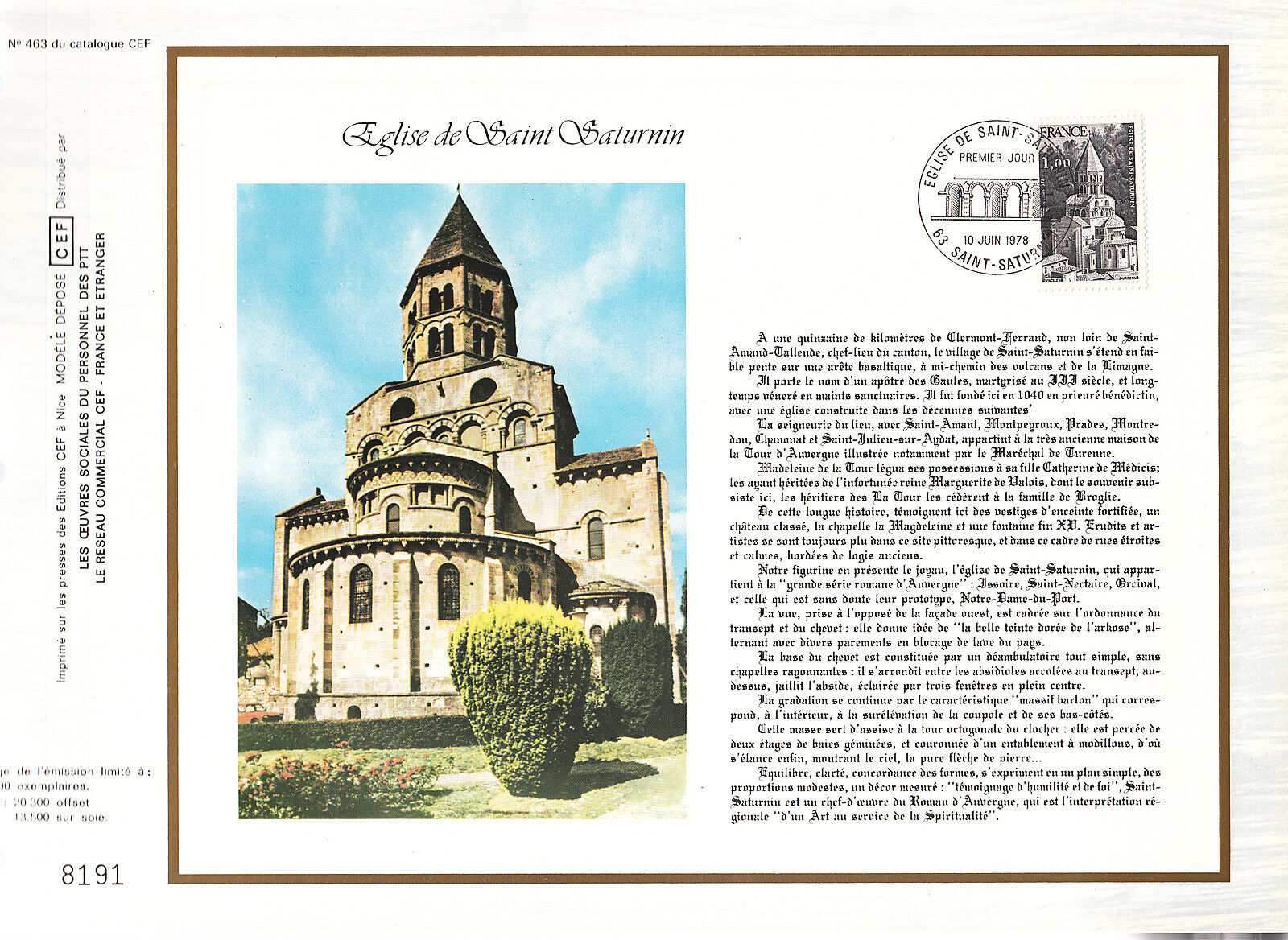 DOCUMENT CEF PREMIER JOUR 1978 EGLISE DE ST SATURNIN 400424796093