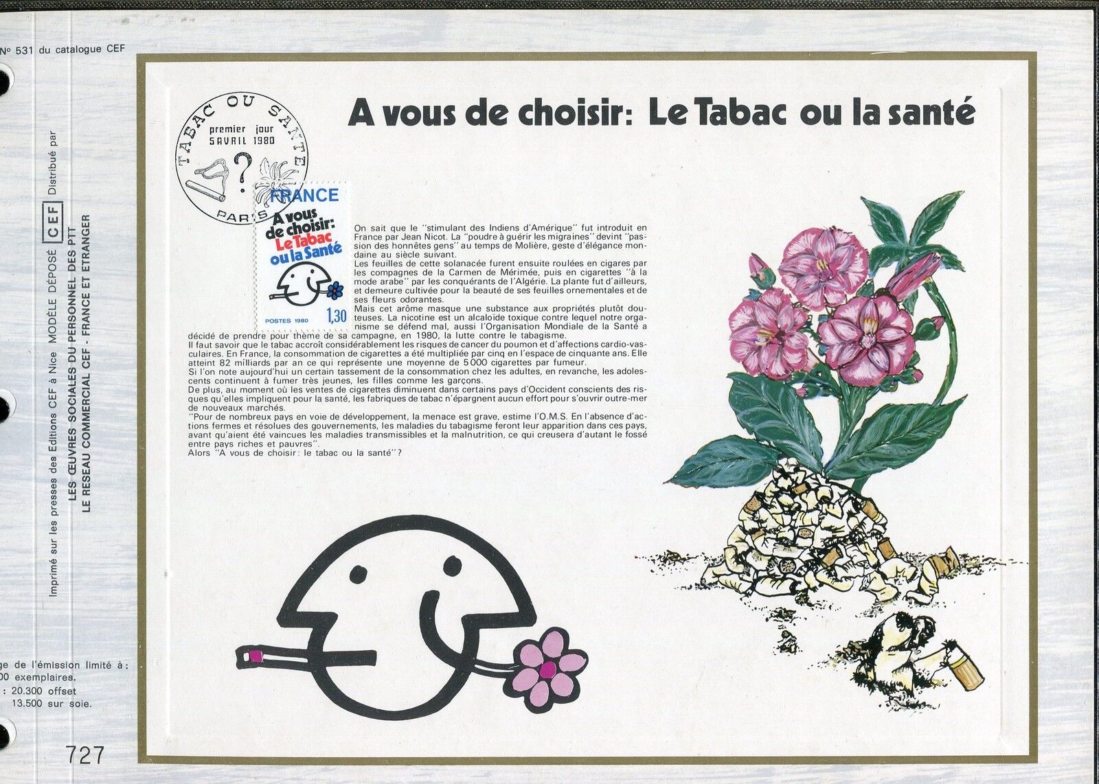 DOCUMENT CEF PREMIER JOUR 1980 TIMBRE N 2080 LUTTE CONTRE LE TABAC 121481262903