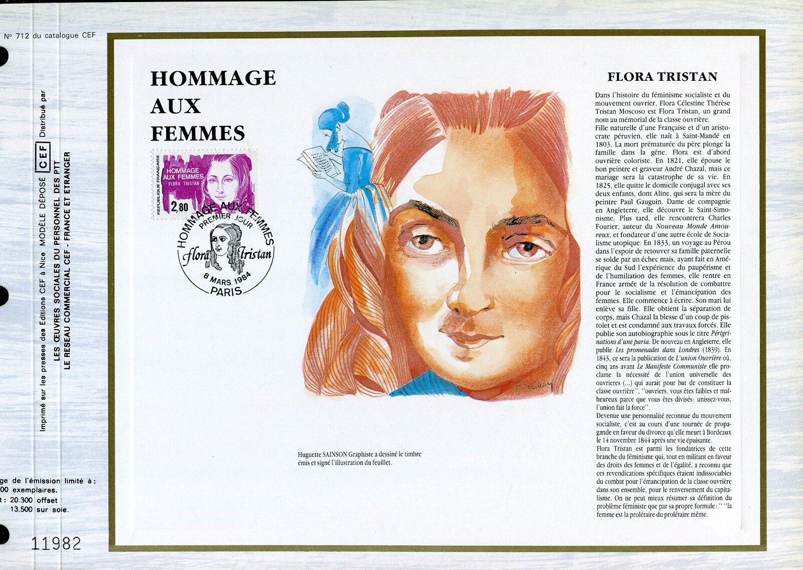 DOCUMENT CEF PREMIER JOUR 1984 TIMBRE N 2303 HOMMAGE AUX FEMMES FLORA TRISTAN 400794931333