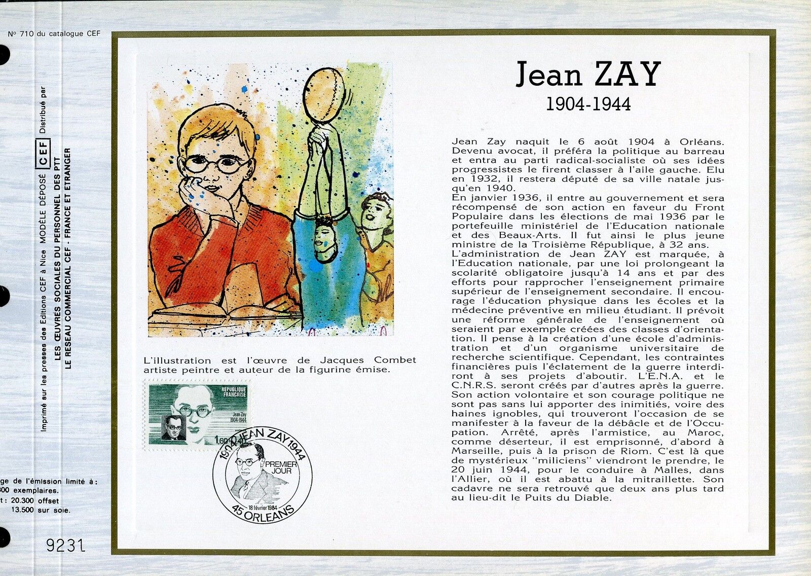 DOCUMENT CEF PREMIER JOUR 1984 TIMBRE N 2329 JEAN ZAY HOMME POLITIQUE 121469871903