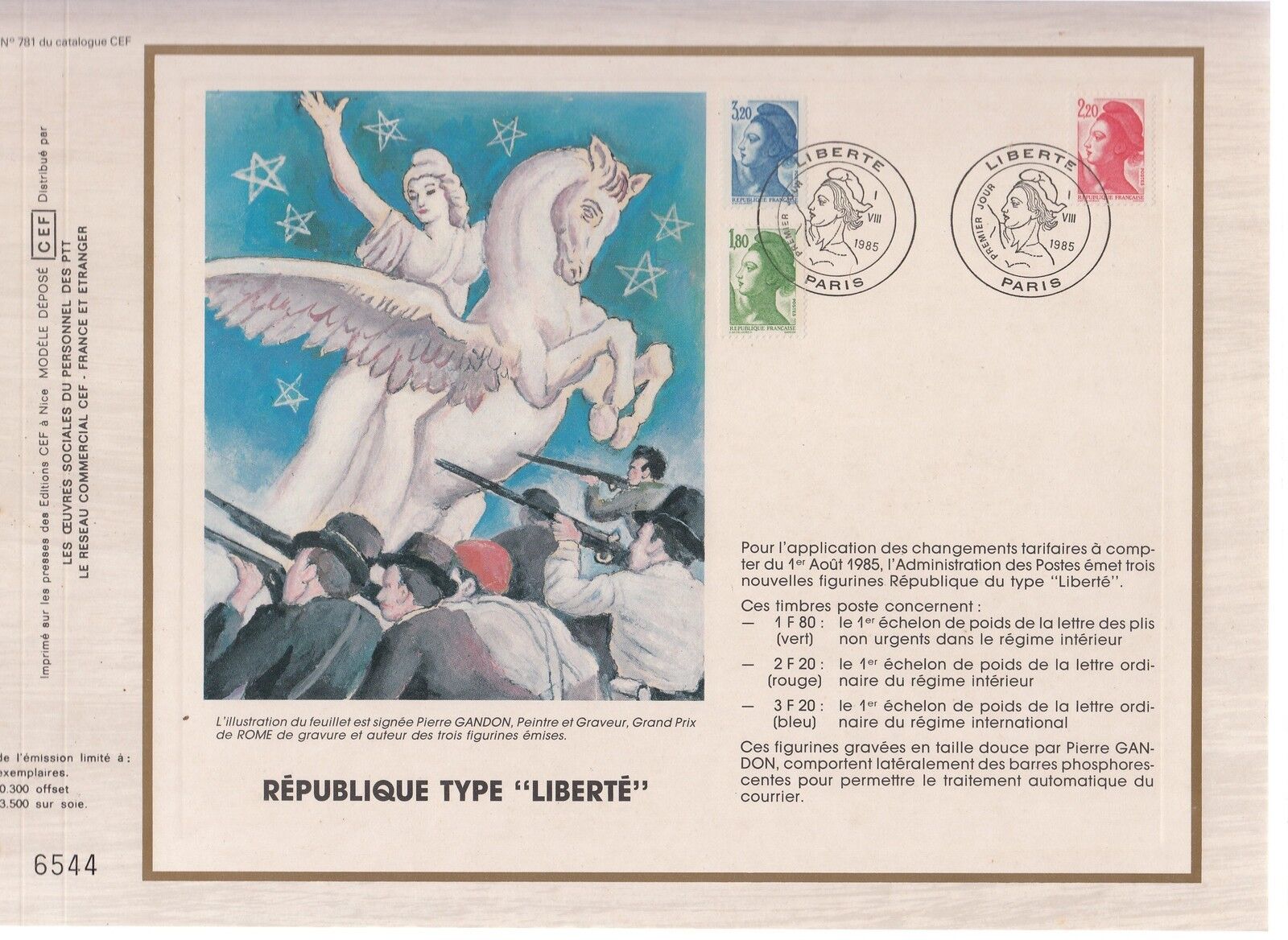 DOCUMENT CEF PREMIER JOUR 1985 GANDON TYPE LIBERTE REPUBLIQUE 400346111223