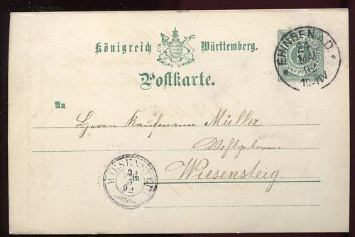 ENTIER POSTALE WURTTEMBERG EHINGEN 1892 110649200193