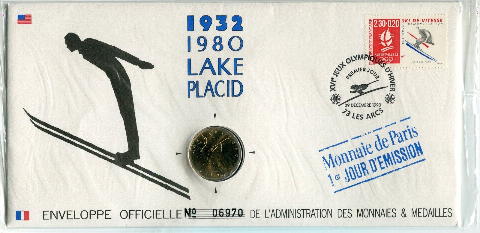 ENVELOPPE OFFICIELLE MONNAIE DE PARIS JO 1992 ALBERTVILLE 1932 80 LAKE PLACID 401548468403