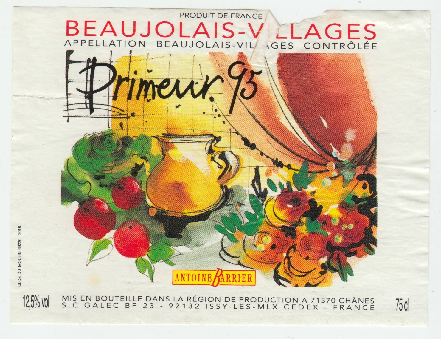 ETIQUETTE DE VIN BEAUJOLAIS VILLAGE PRIMEUR 1995 ANTOINE BARRIER 402695572983