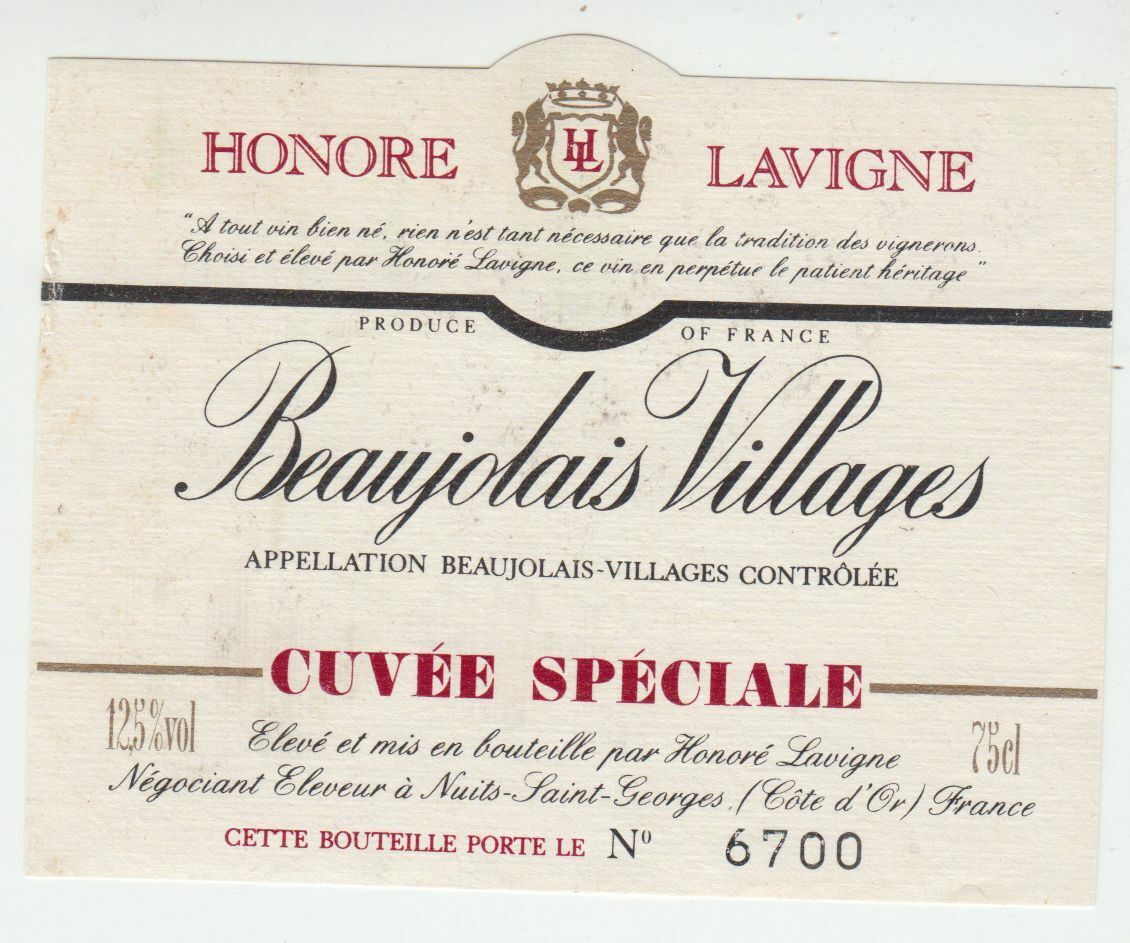 ETIQUETTE DE VIN BEAUJOLAIS VILLAGES HONORE LAVIGNE CUVEE SPECIALE 402695573043