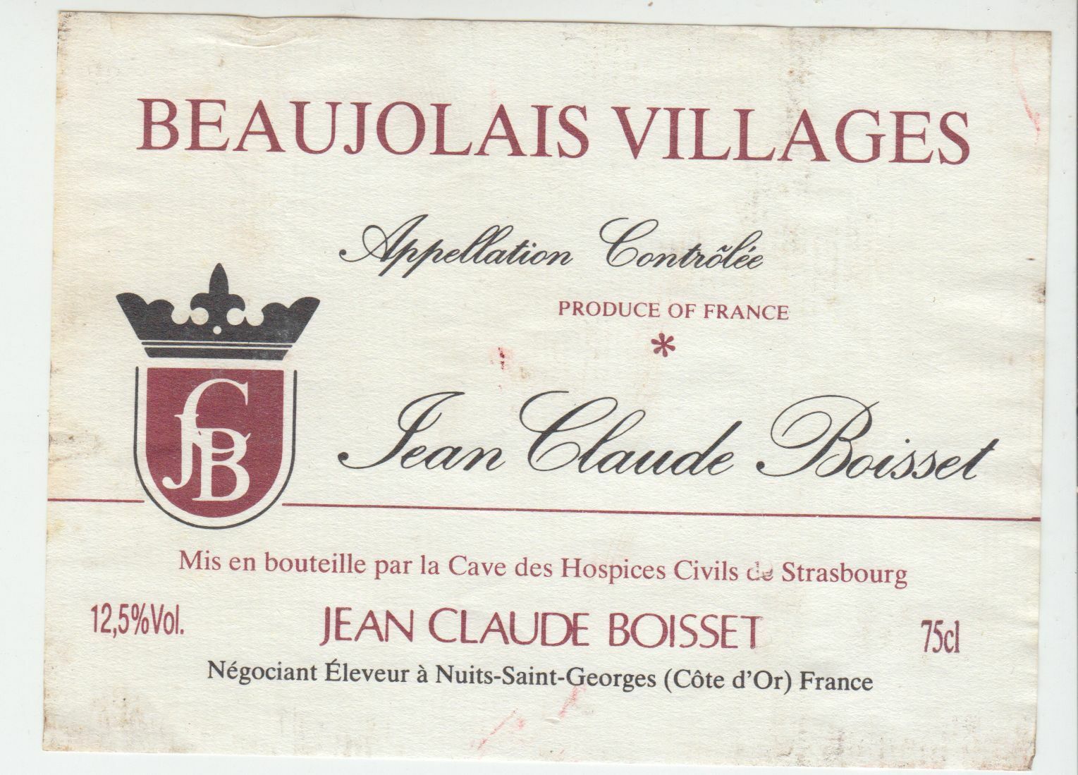 ETIQUETTE DE VIN BEAUJOLAIS VILLAGES JEAN CLAUDE BOISSET 124576538603