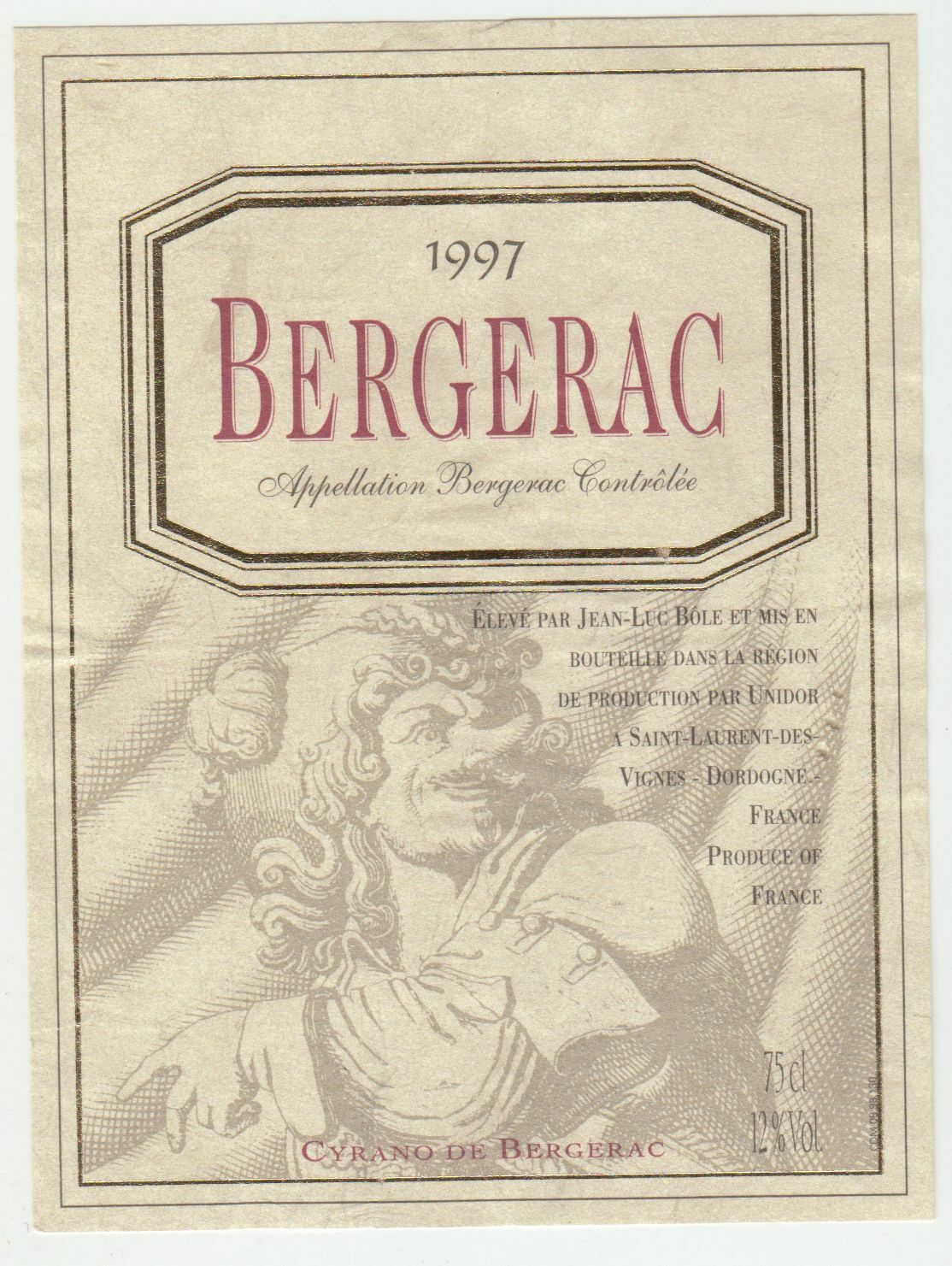 ETIQUETTE DE VIN BERGERAC 1997 CYRANO DE BERGERAC 402669072073