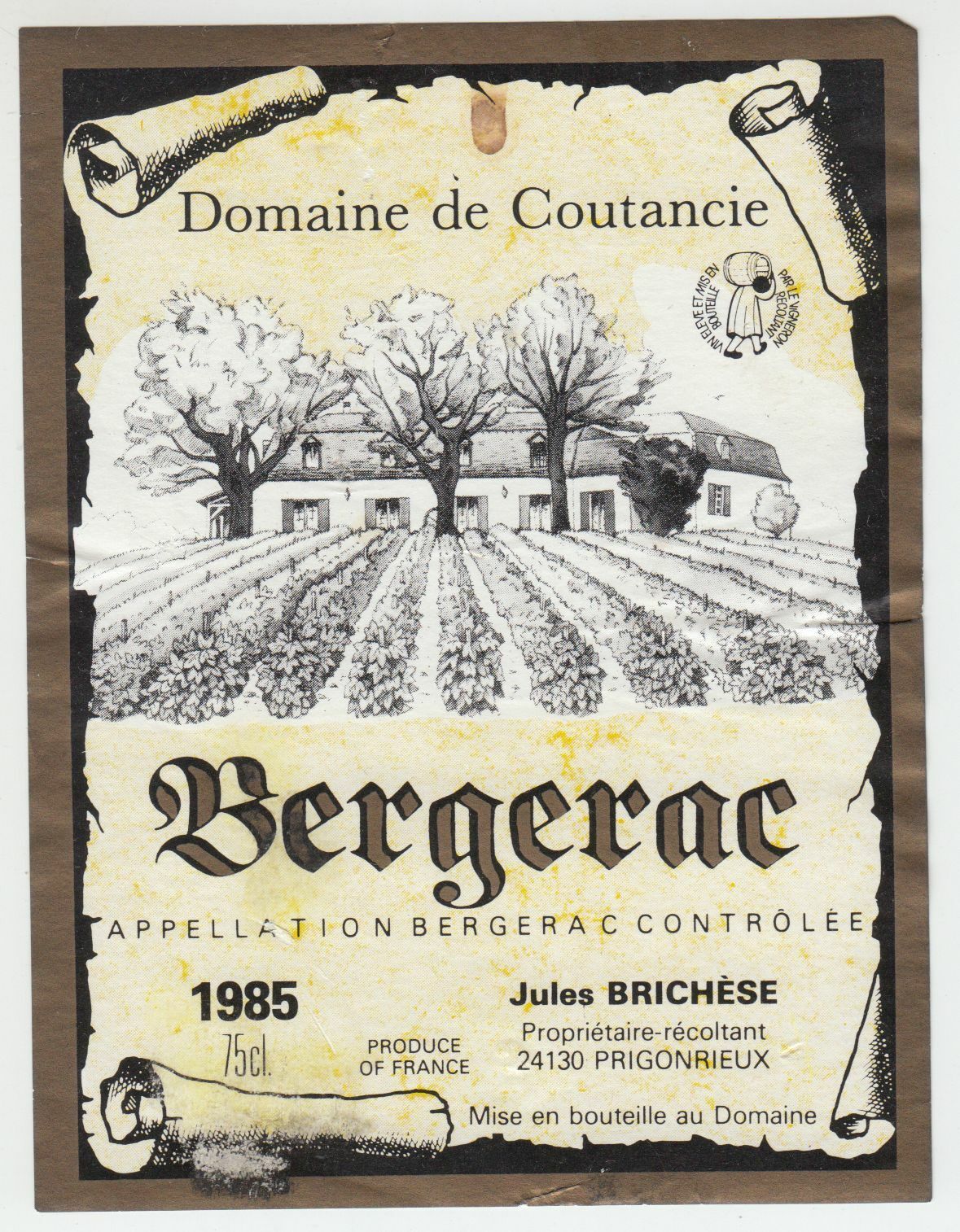 ETIQUETTE DE VIN BERGERAC DOMAINE DE COUTANCIE 1985 402654737203