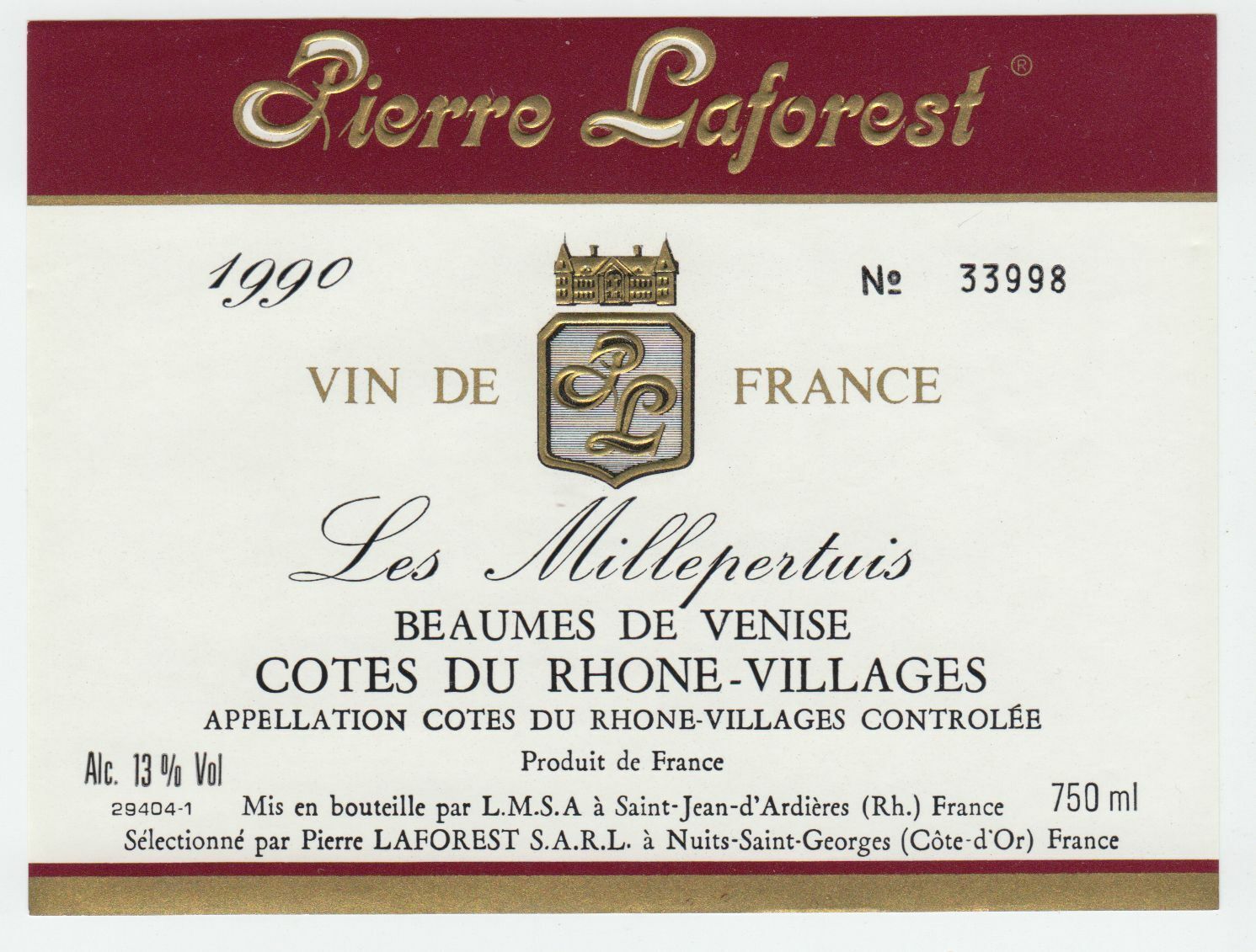 ETIQUETTE DE VIN BONS COTES DU RHONE 90 BEAUMES DE VENISE LES MILLEPERTUIS 124461947813