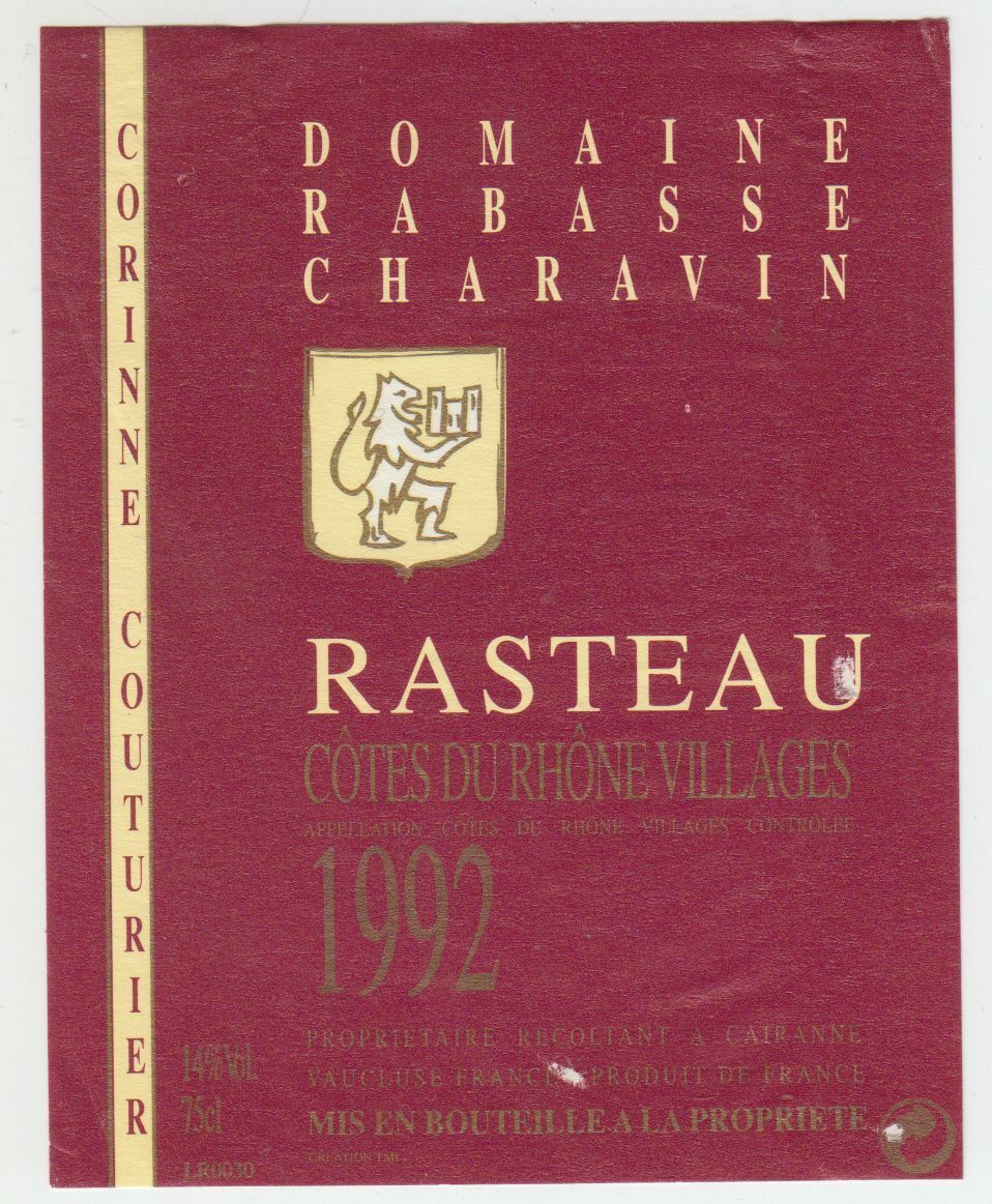 ETIQUETTE DE VIN BONS COTES DU RHONE VILLAGES 1992 DOMAINE RABASSE CHARAVIN 124461947803