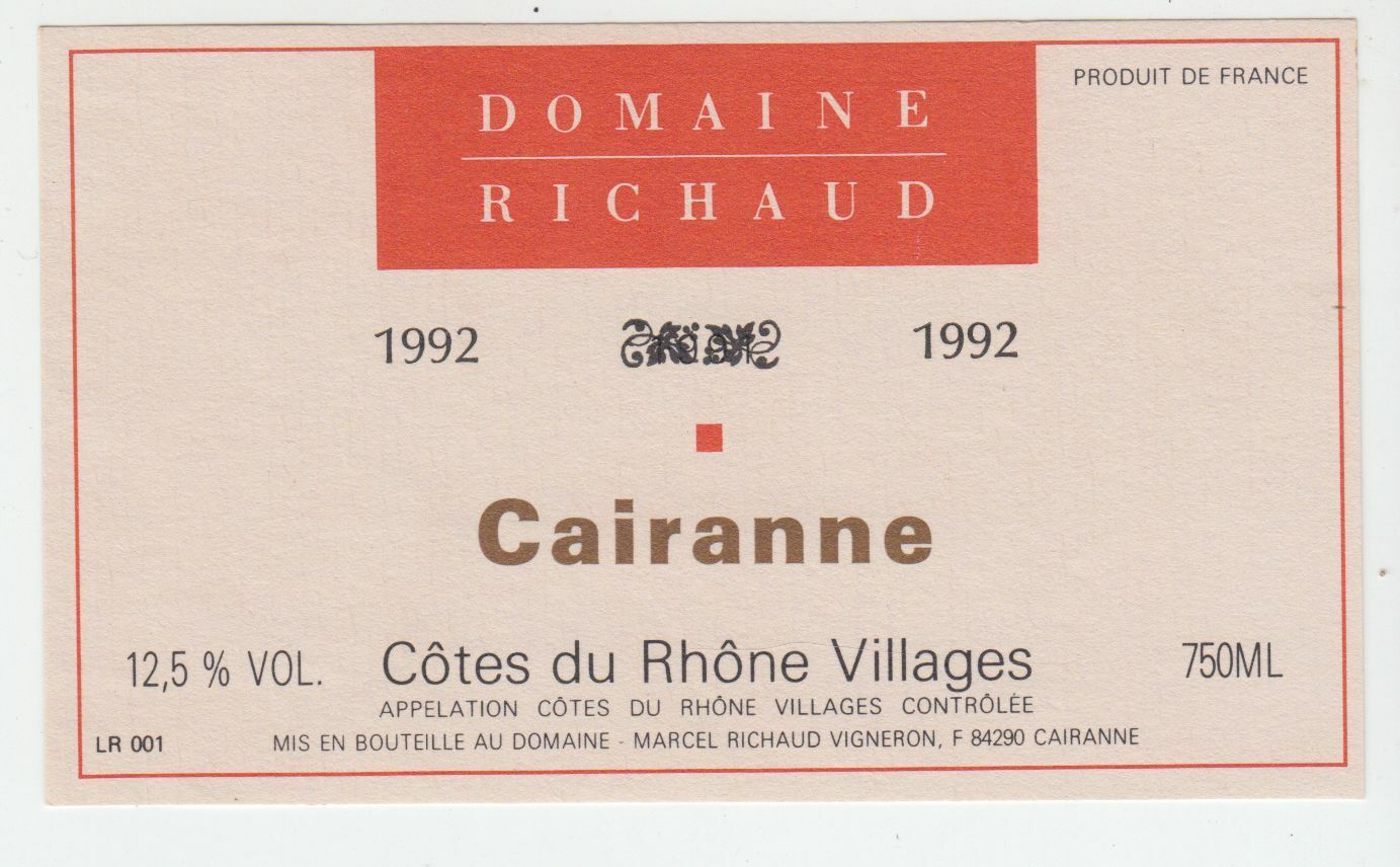 ETIQUETTE DE VIN BONS COTES DU RHONE VILLAGES 1992 DOMAINE RICHAUD CAIRANNE 402581825573