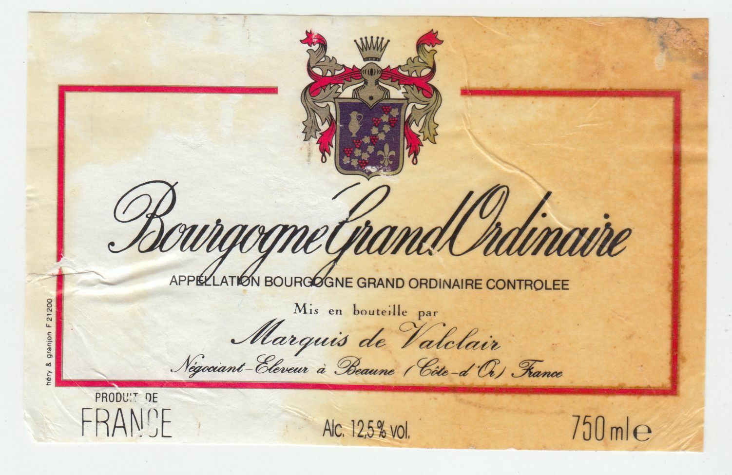 ETIQUETTE DE VIN BOURGOGNE GRAND ORDINAIRE MARQUIS DE VALCLAIR 124555697053