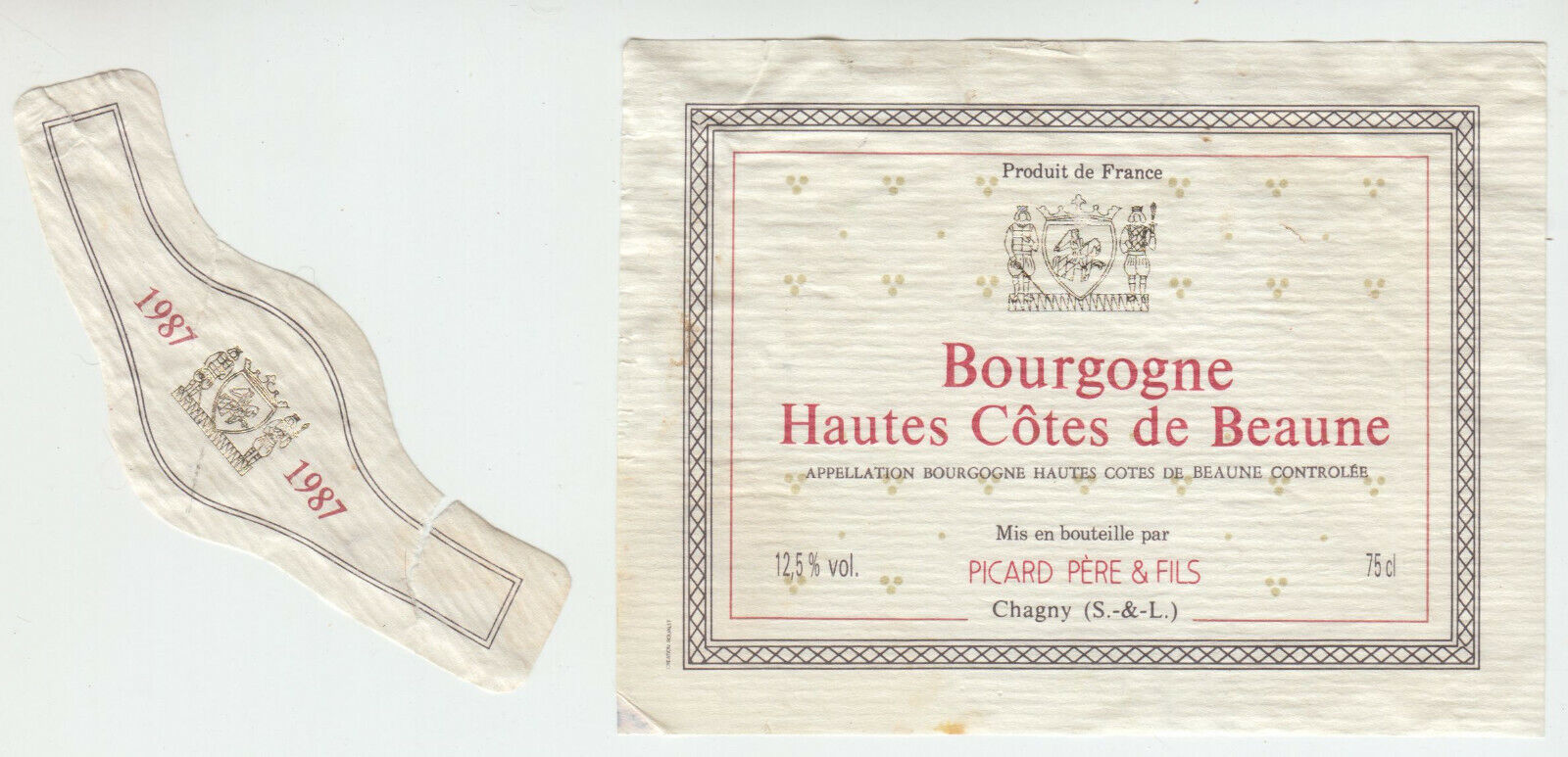 ETIQUETTE DE VIN BOURGOGNE HAUTES COTES DE BEAUNE PICARD 1987 402673357253