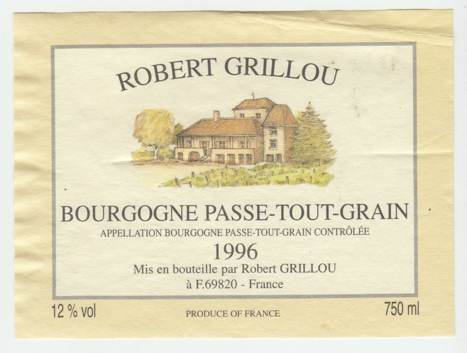 ETIQUETTE DE VIN BOURGOGNE PASSETOUTGRAINS 1996 ROBERT GRILLOU 402673357273