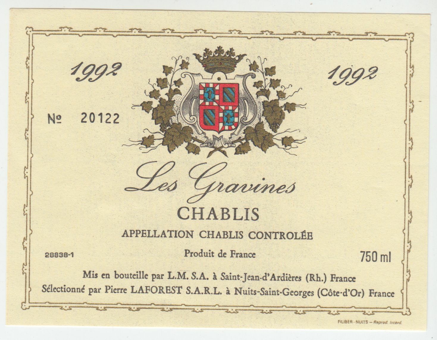 ETIQUETTE DE VIN CHABLIS 1992 LES GRAVINES 124463377143