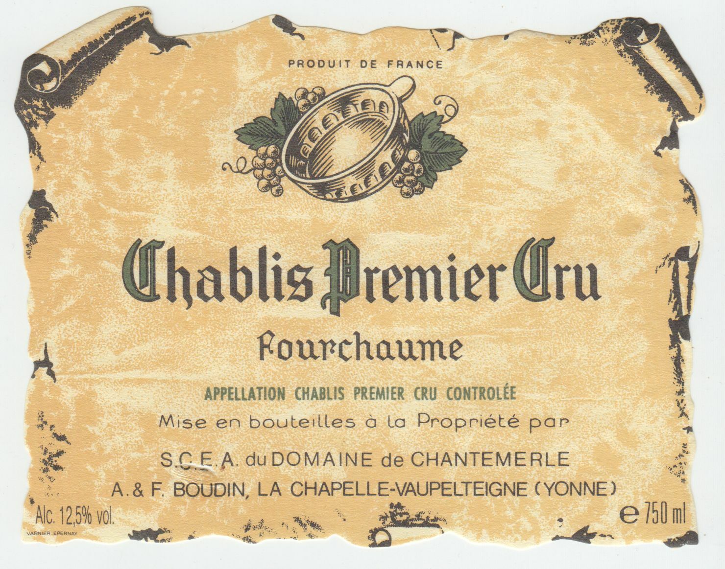 ETIQUETTE DE VIN CHABLIS DOMAINE DE CHANTEMERLE FOURCHAUME 124463377093