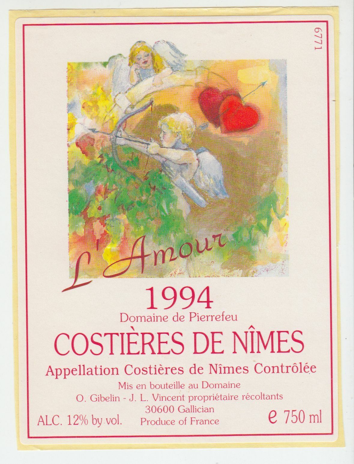 ETIQUETTE DE VIN COSTIERES DE NIMES 1994 L AMOUR CUPIDON 124552112043