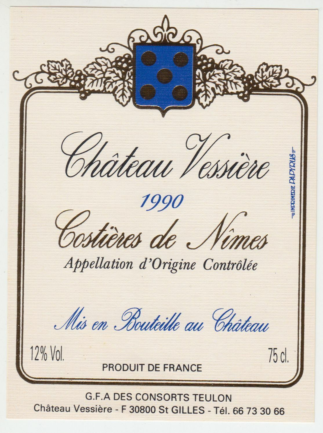 ETIQUETTE DE VIN COSTIERES DE NIMES CHATEAU VESSIERE 1990 124463377123