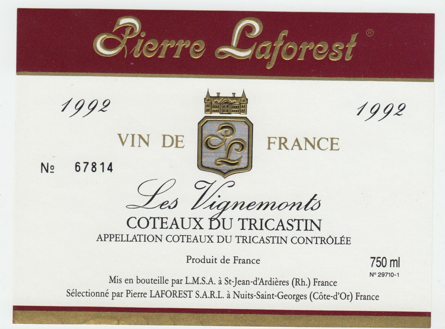 ETIQUETTE DE VIN COTEAUX DU TRICASTIN 1992 PIERRE LAFOREST LES VIGNEMONTS 124461947793