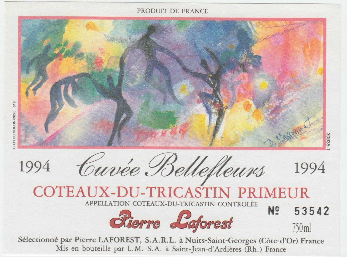 ETIQUETTE DE VIN COTEAUX DU TRICASTIN 1994 CUVEE BELLEFLEURS PIERRE LAFOREST 402581825563