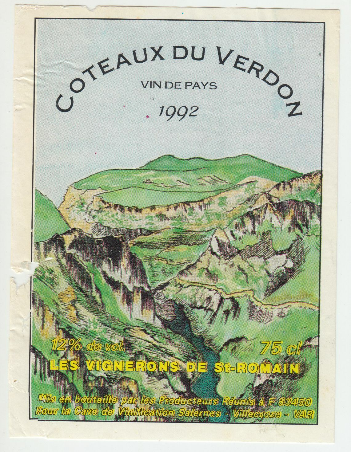 ETIQUETTE DE VIN COTEAUX DU VERDON 1992 LES VIGNERONS DE SAINT ROMAIN 402689167273