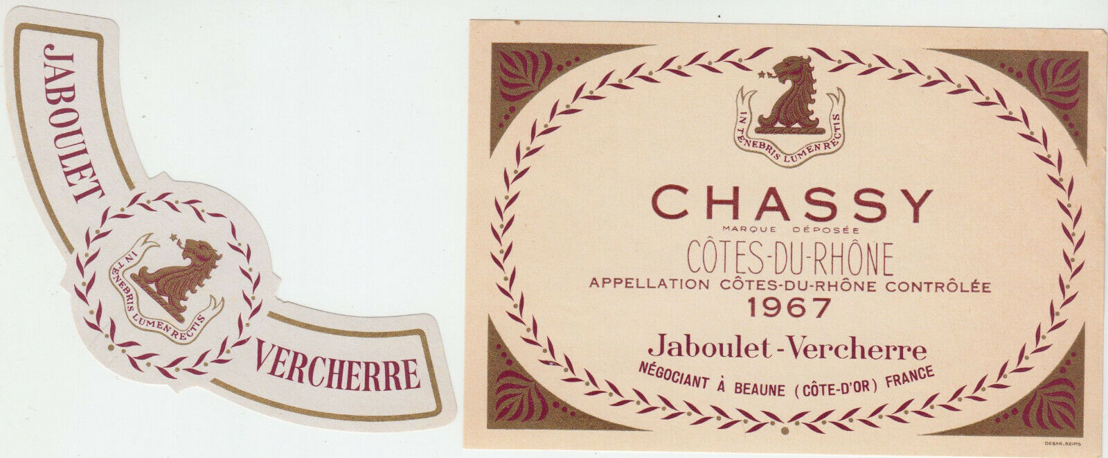 ETIQUETTE DE VIN COTES DU RHONE 1967 CHASSY JABOULET VERCHERRE 402581823773