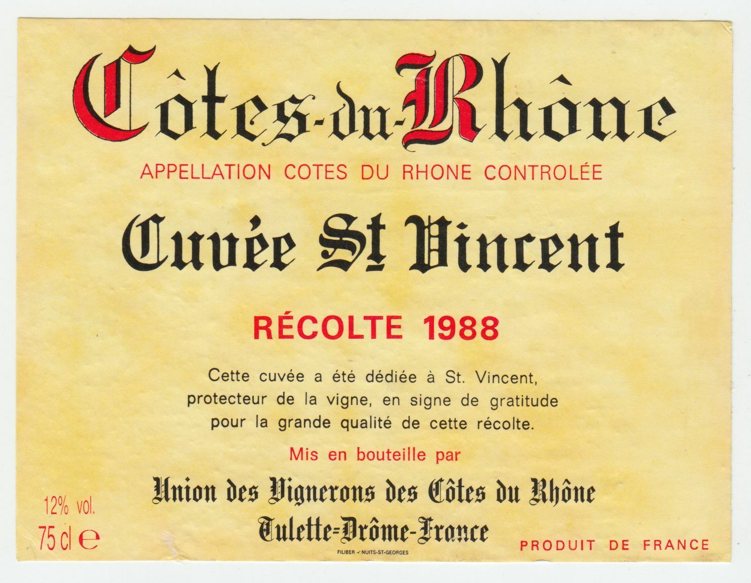 ETIQUETTE DE VIN COTES DU RHONE 1988 CUVEE ST VINCENT TULETTE DROME 124461940543