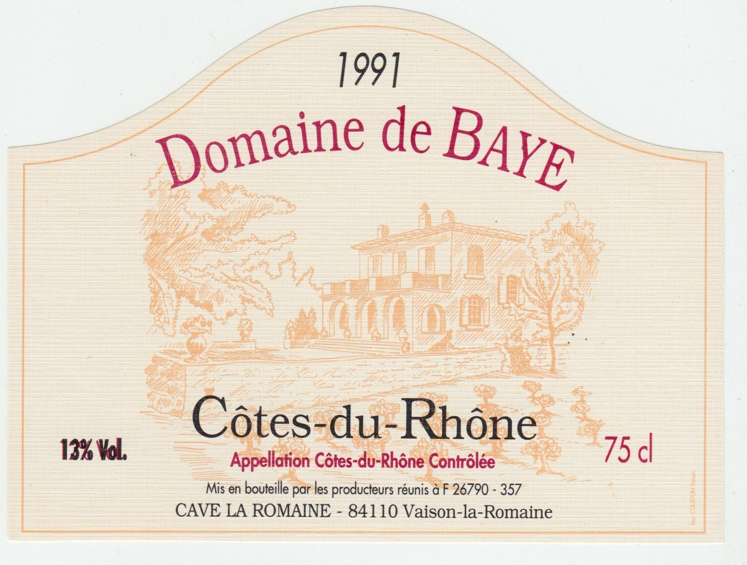 ETIQUETTE DE VIN COTES DU RHONE 1991 DOMAINE DE BAYE 124552112023