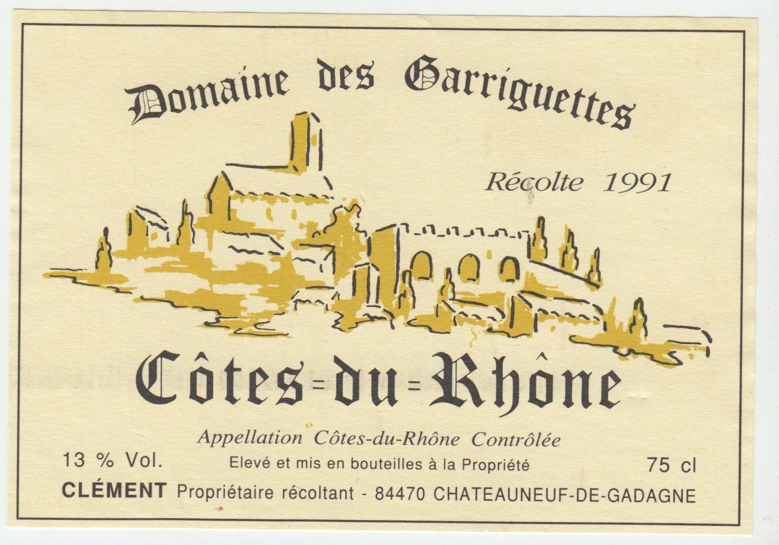 ETIQUETTE DE VIN COTES DU RHONE 1991 DOMAINE DES GARRIGUETTES 124461944683