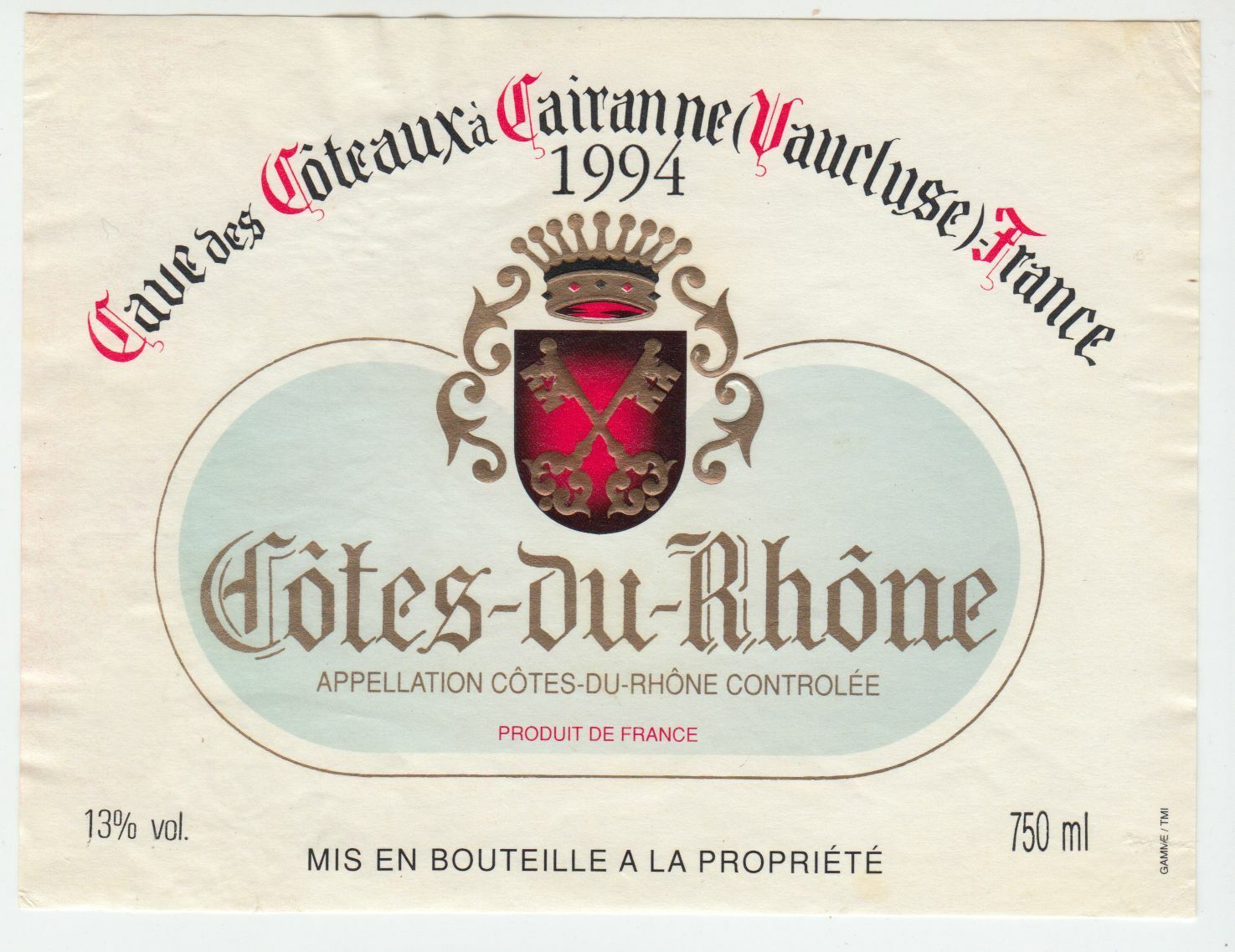 ETIQUETTE DE VIN COTES DU RHONE 1994 CAVE DES COTEAUX A CAIRANNE VAUCLUSE 124461944713