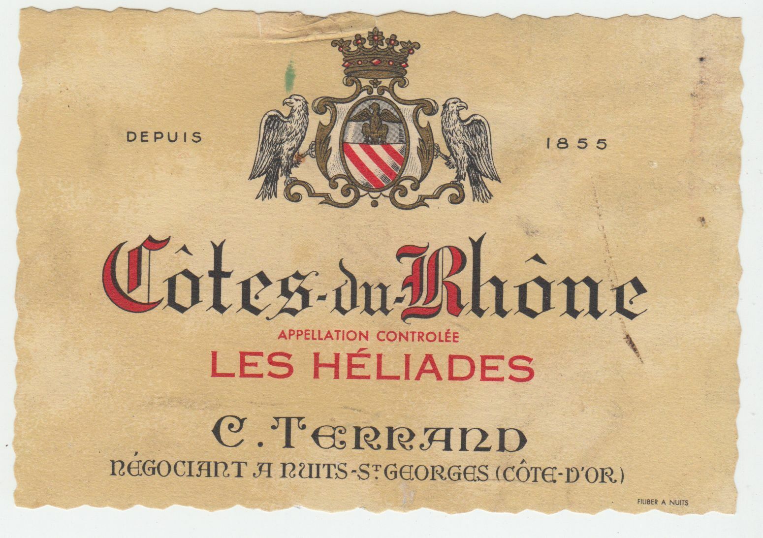 ETIQUETTE DE VIN COTES DU RHONE LES HELIADES C TERRAND NUITS ST GEORGES 124461944633