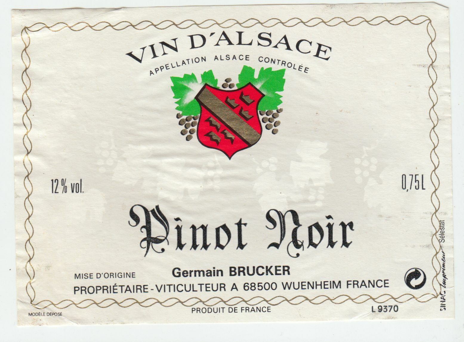 ETIQUETTE DE VIN D ALSACE PINOT NOIR GERMAIN BRUCKER 402631696663