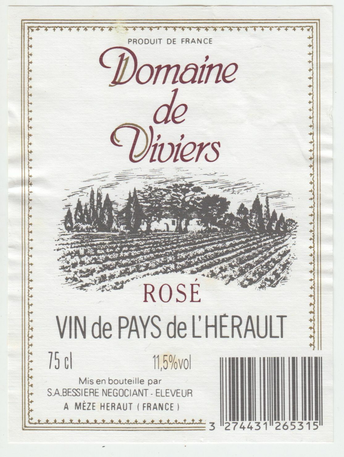 ETIQUETTE DE VIN DE PAYS DE L HERAULT DOMAINE DE VIVIERS ROSE 124572490063