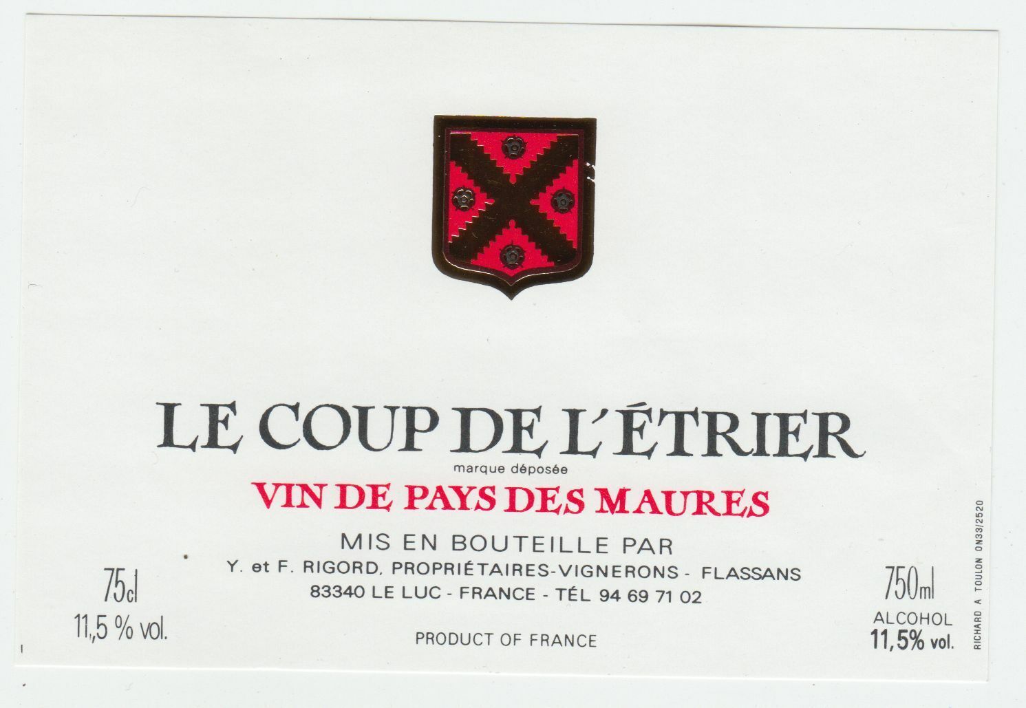 ETIQUETTE DE VIN DE PAYS DES MAURES LE COUP DE L ETRIER FLASSANS 124569409483