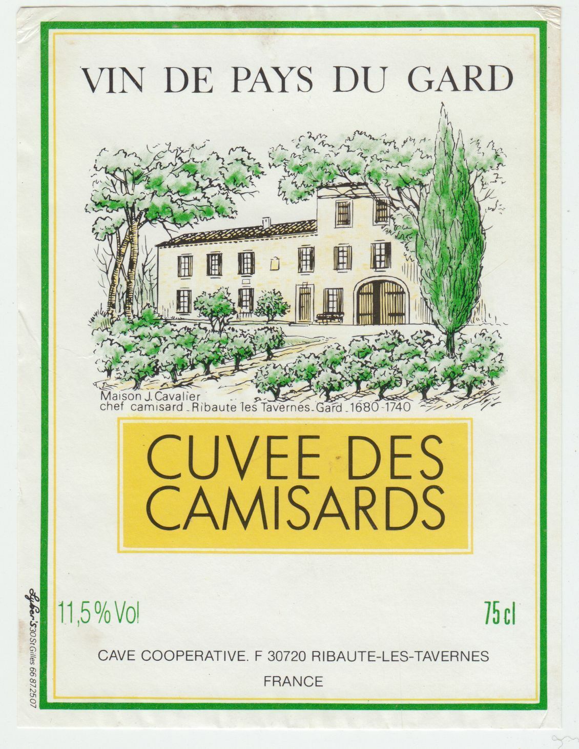 ETIQUETTE DE VIN DE PAYS DU GARD CUVEE DES CAMISARD RIBAUTE LES TAVERNES 402689167333