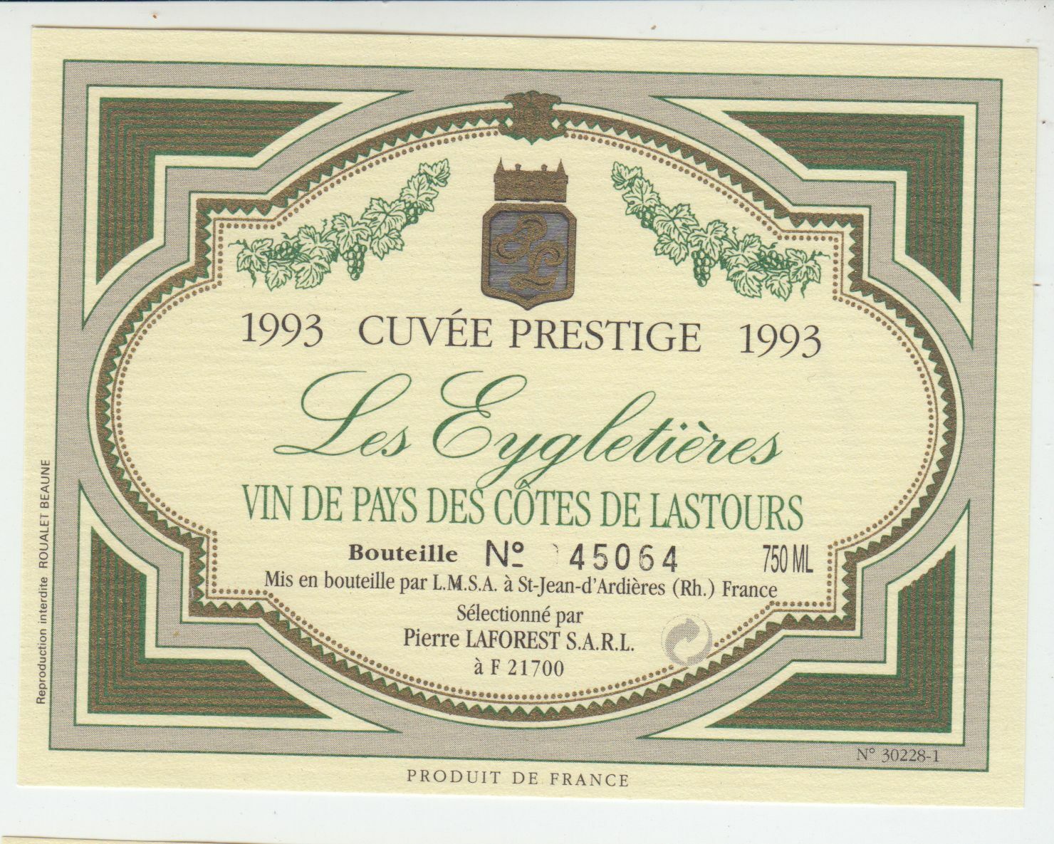 ETIQUETTE DE VIN DES COTES DE LASTOURS 1993 LES EYGLETIERES 124572490033