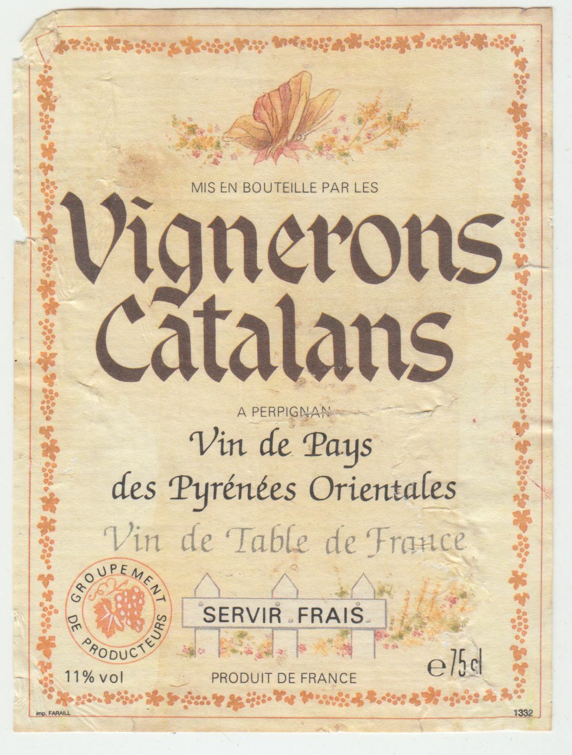 ETIQUETTE DE VIN DES PYRENEES ORIENTALES VIGNERONS CATALANS 402690973623