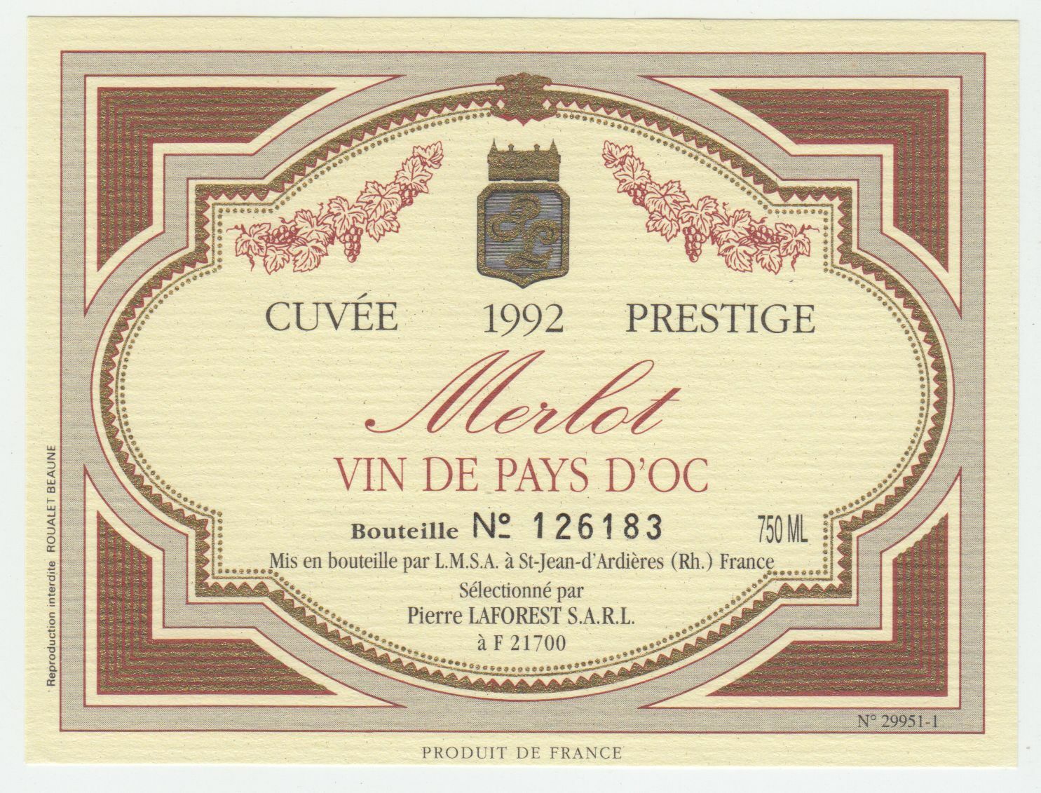 ETIQUETTE DE VIN DU PAYS D OC 1992 CUVEE PRESTIGE MERLOT NUMEROTE 124572490083