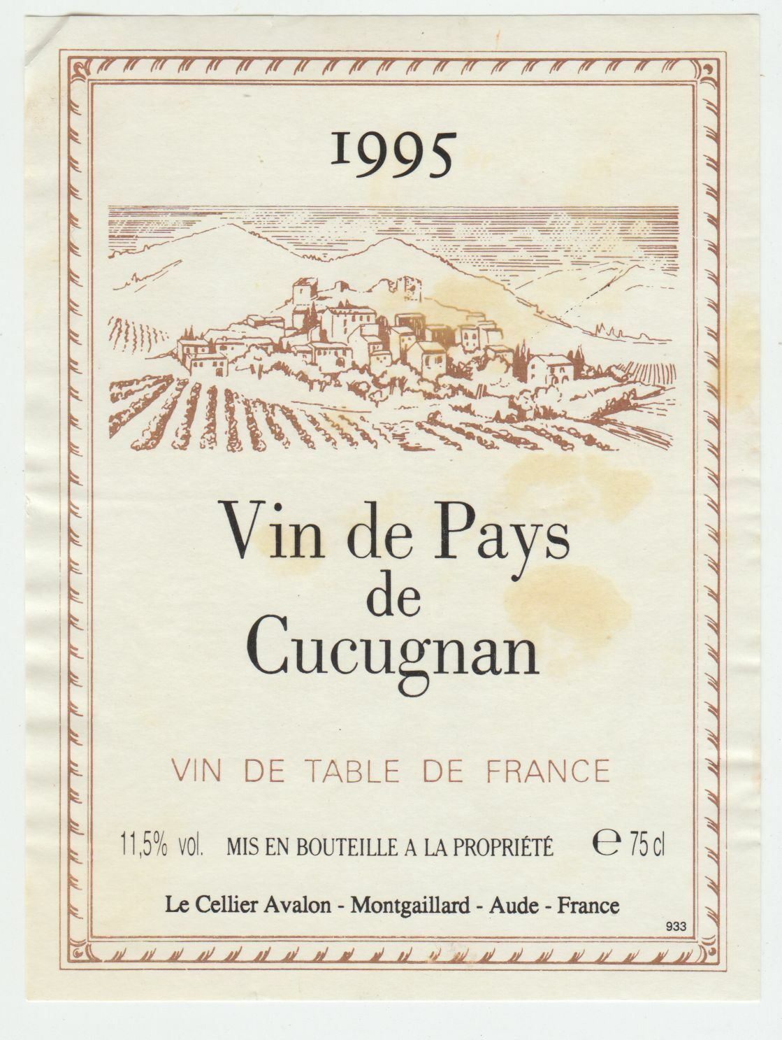 ETIQUETTE DE VIN DU PAYS DE PAYS DE CUCUGNAN 1995 402695573023