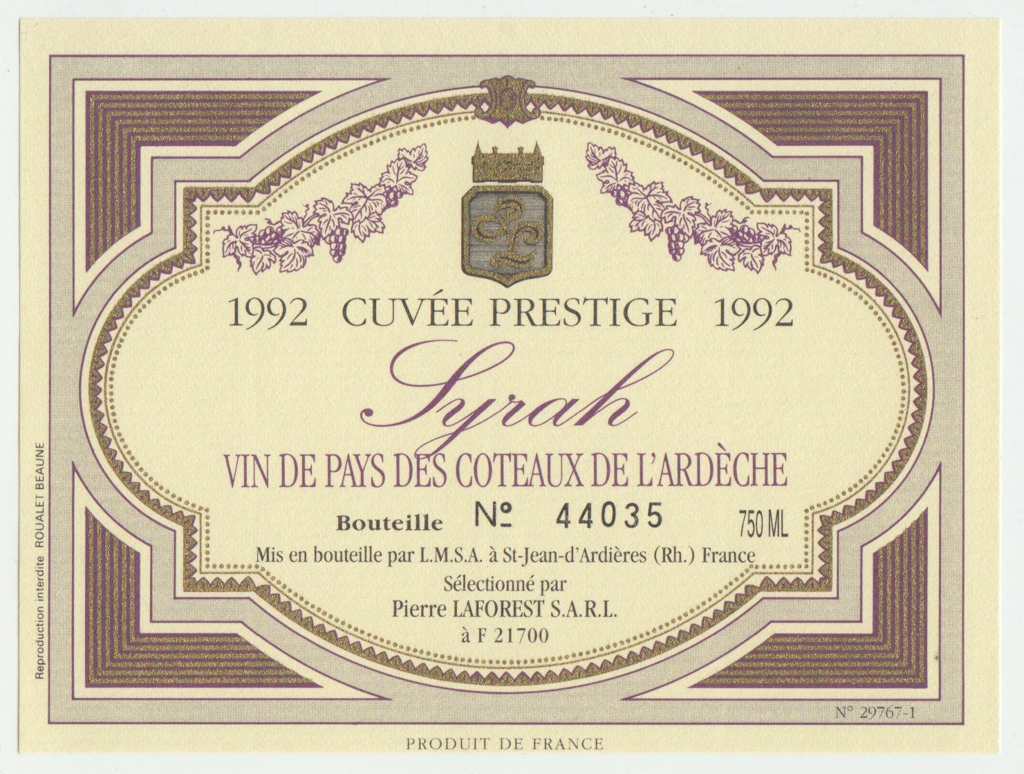 ETIQUETTE DE VIN DU PAYS DES COTEAUX DE L ARDECHE 1992 SYRAH 402695573003