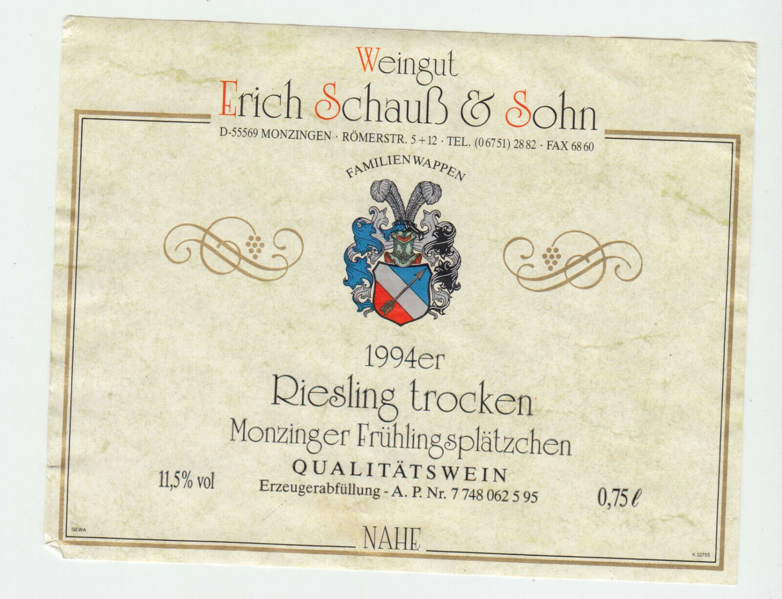 ETIQUETTE DE VIN ERICH SCHAUB ET SOHN RIESLING TROCKEN MONZINGER FRUHLING 1994 402553003193