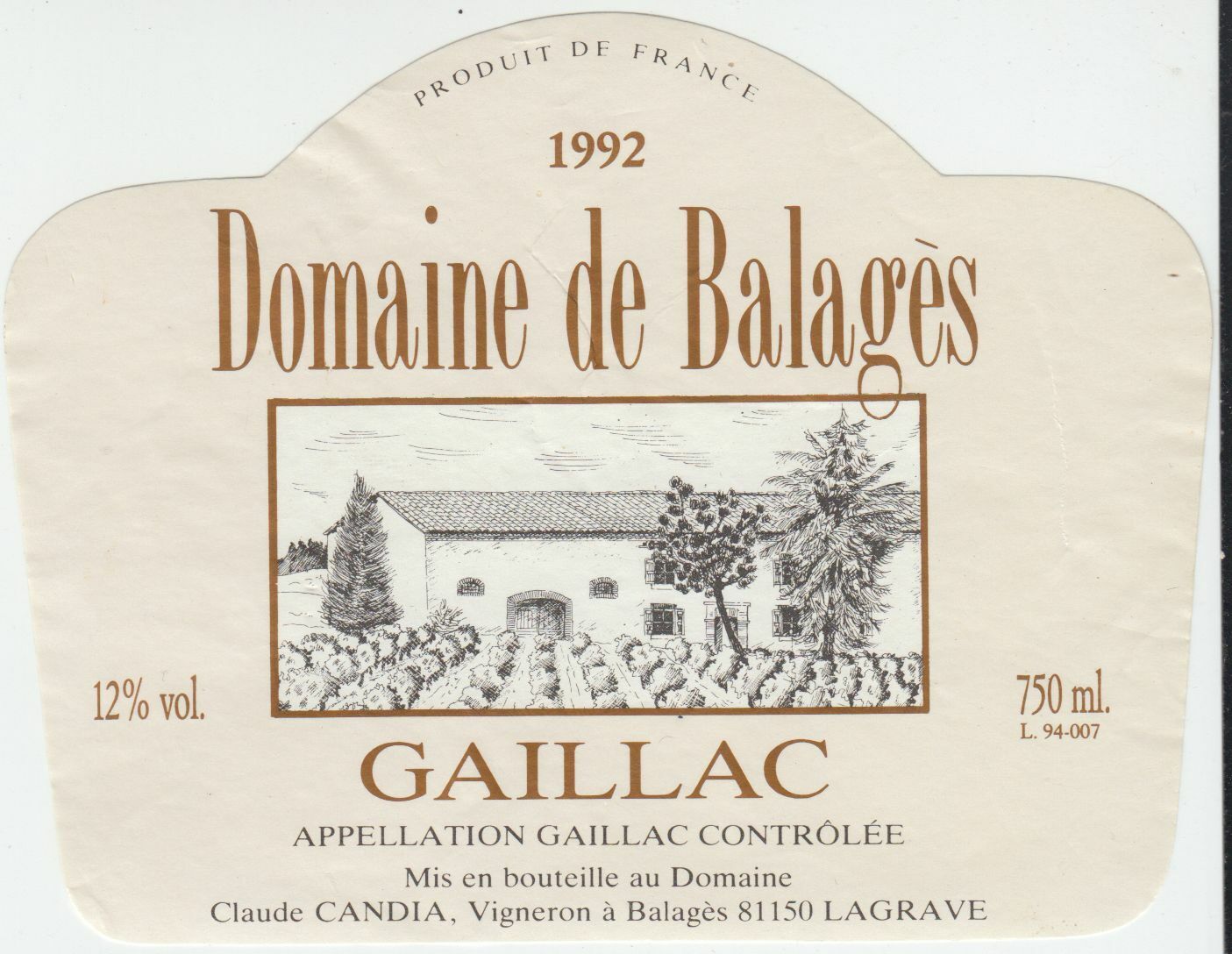 ETIQUETTE DE VIN GAILLAC 1992 DOMAINE DE BALAGES 402669072093