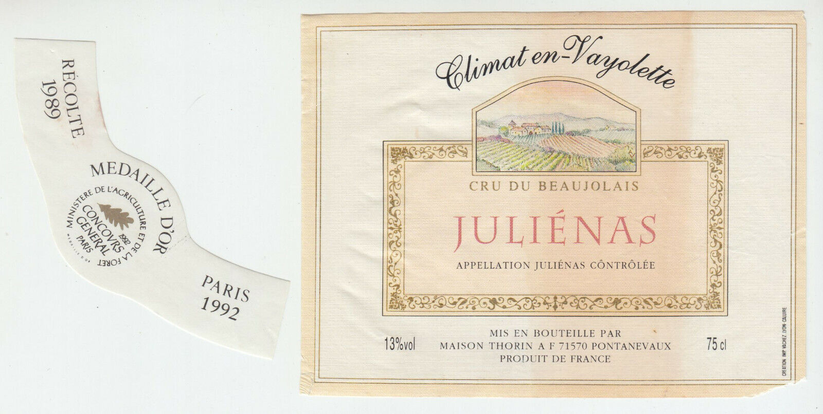 ETIQUETTE DE VIN JULIENAS 1992 MEDAILLE D OR CLIMAT EN VAYOLETTE 124555697083