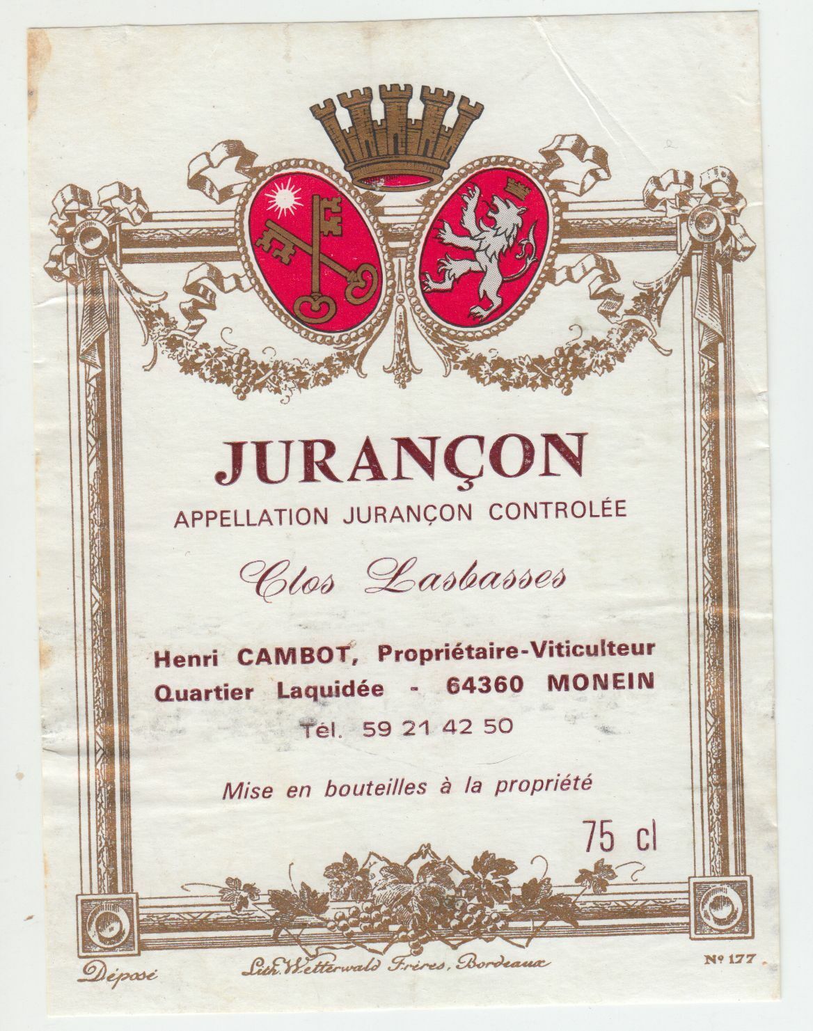 ETIQUETTE DE VIN JURANCON CLOS LASBASSES HENRI CAMBOT MONEIN 124552112013