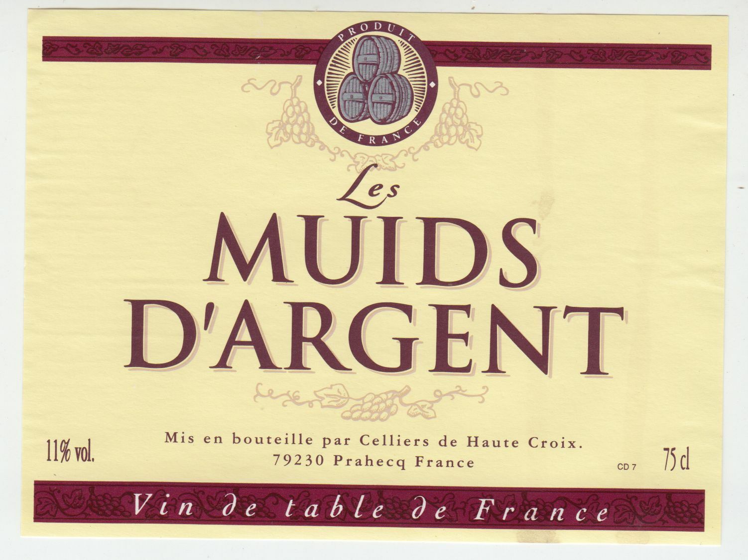 ETIQUETTE DE VIN LES MUIDS D ARGENT HAUTRE CROIX PRAHECQ 402553006683