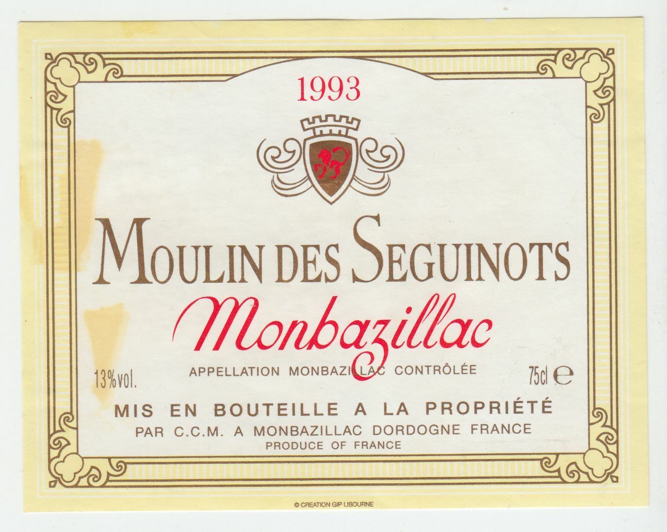 ETIQUETTE DE VIN MONBAZILLAC MOULIN DES SEGUINOTS 1993 402654737213