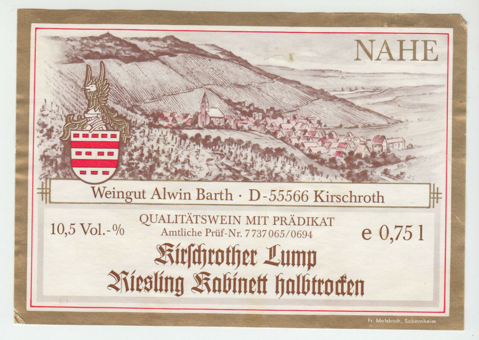 ETIQUETTE DE VIN NAHE KIRFDJROTHER LUMP RIESLING ROBINETT HALBTRODEN 402553003103