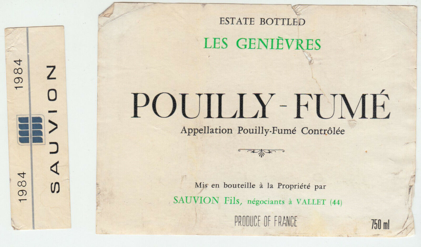 ETIQUETTE DE VIN POUILLY FUME 1984 SAUVION LES GENIEVRES 402631697903