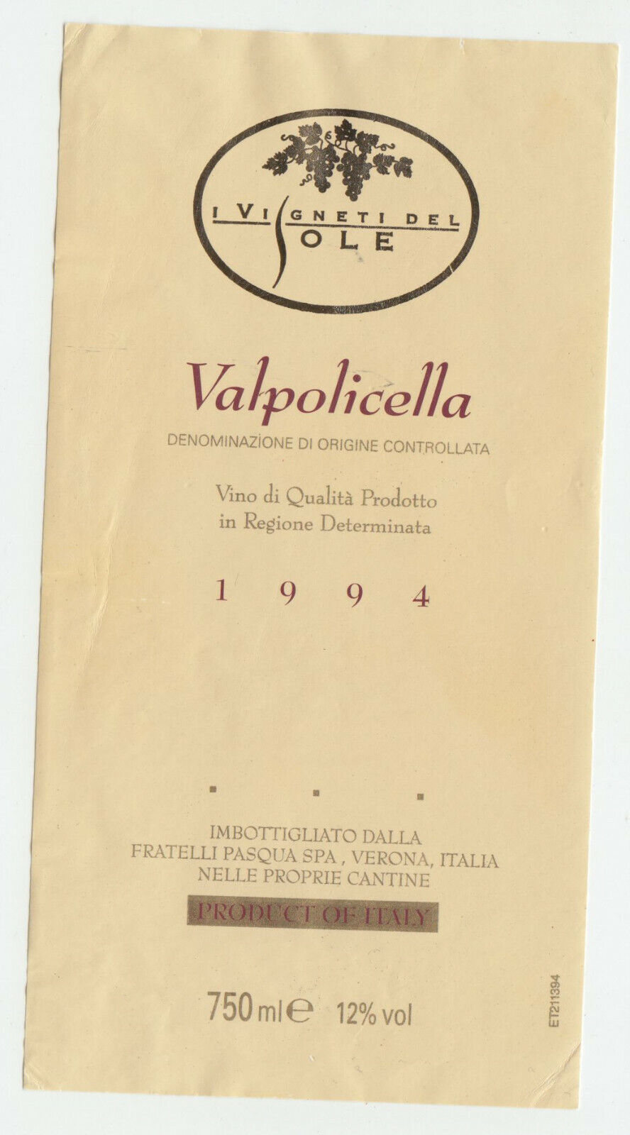 ETIQUETTE DE VIN VIGNETI DEL SOLE VALPOLICELLA 1994 ITALIE 402553003133